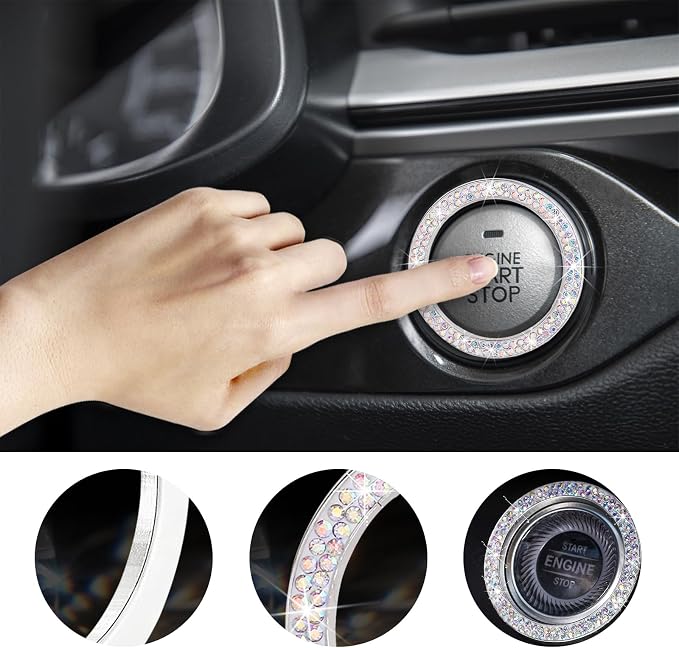 Kewucn 2 PCS Bling Crystal Double Rhinestone Car Engine Start Decoration Ring, Sparkling Push Start Button Sticker, Key Ignition & Knob Ring Decoration, Bling Car Interior Accessory(AB)