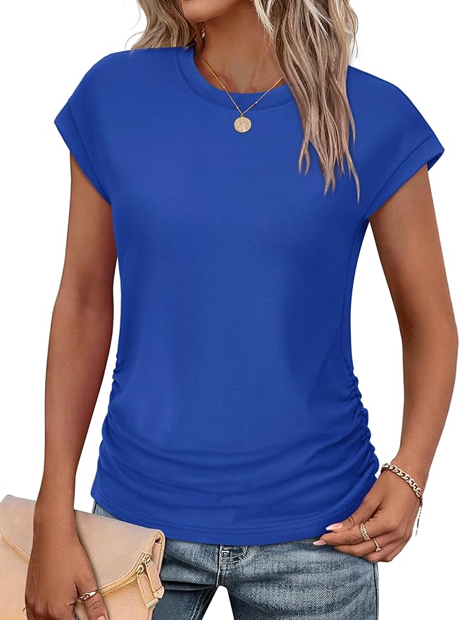 Sampeel Womens Summer Tops Trendy 2026 Ruched Cap Short Sleeve Tshirts Shirts Crew Neck T Shirts Fashion