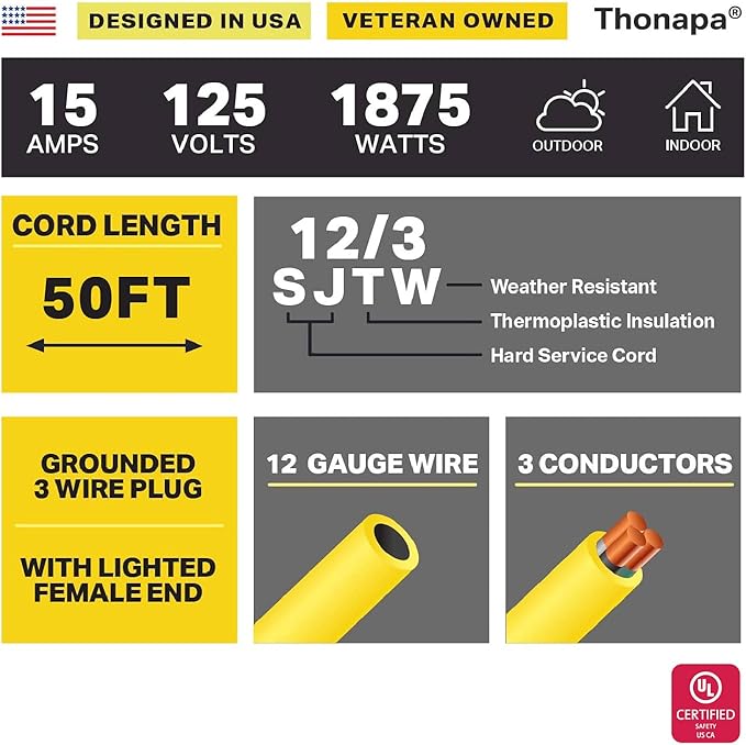 Thonapa 2 Pack Lighted Outdoor Extension Cord 50 ft - 12 Gauge 15 Amp Heavy Duty Power Extension Cords - SJTW - Great for Major Appliances, Power Tools, Garden Supplies - Yellow