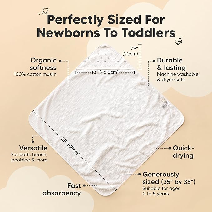 KeaBabies Muslin Baby Bath Towels with Hood for Girls, Boys -Large Organic Cotton Hooded Baby Towels for Newborns,Toddlers,Infant,Kids,Soft Absorbent Newborn Bath Essentials Gift Set(Petunia, Regular)