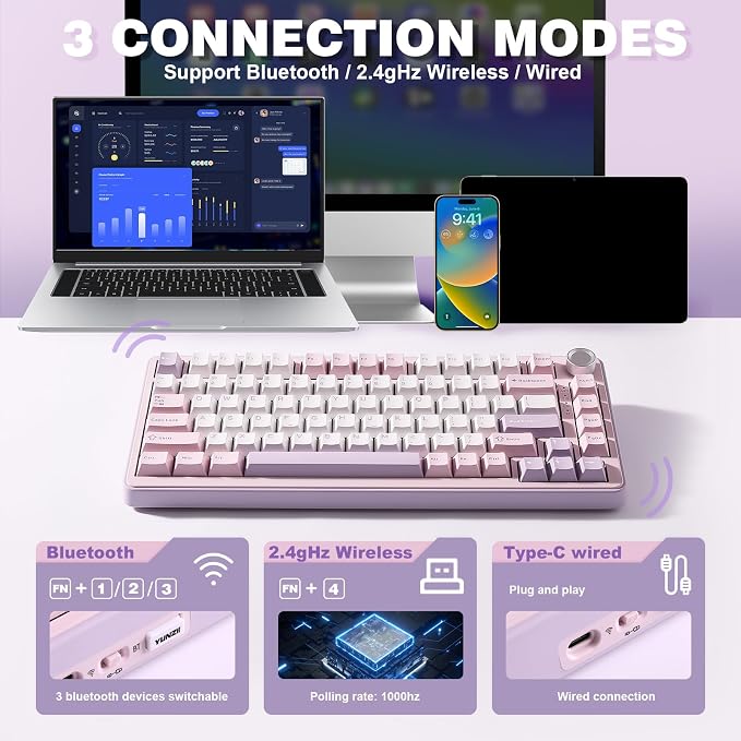 YUNZII B75 PRO 75% Wireless Mechanical Keyboard (Purple, Cocoa Cream V2) | Hot Swap Keyboard with Knob, Gasket Mount, Creamy Pre-lubed Switch for Smooth Typing, BT/USB-C/2.4G, for Gaming