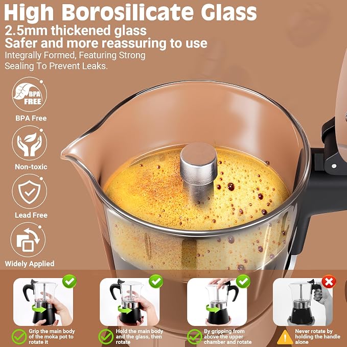 9 Cup 450ml Glass Moka Pot, Stovetop Espresso Maker, Black | Crystal Glass-top & Stainless Steel Coffee Maker, Induction Compatible, for Greca de Cafe, Cuban and Italian Coffee Brewing