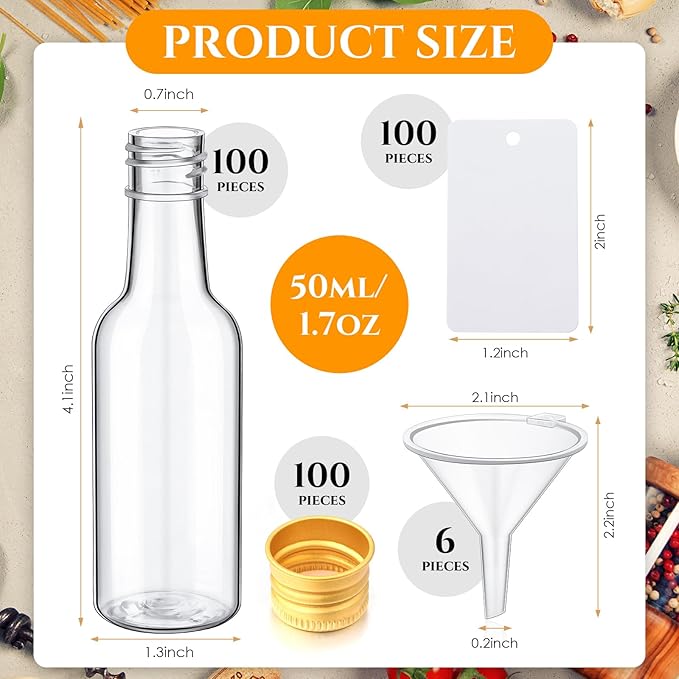 100 Pcs Mini Liquor Bottles Set, 1.7oz Plastic Shot Bottles with Caps, 6 Funnels, 100 Tags, and 65ft Ropes, Miniature Spirit Containers Bulk for Wedding Party Favors