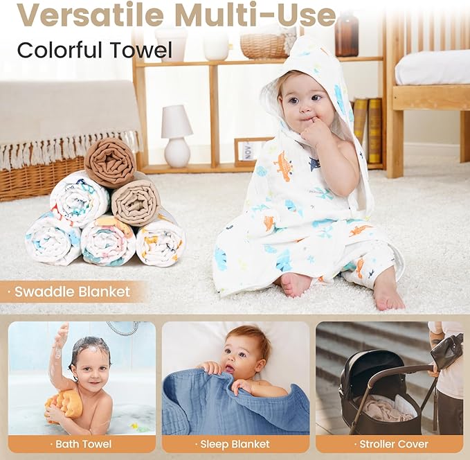 Hooded Baby Towels for Newborn 2 Pack 36x36 Inch Muslin Cotton Baby Bath Towel and 2 Pack Washcloths for Babies, Infant, Toddler and Kids, Soft and Absorbent Newborn Essential(Grey and Blue)