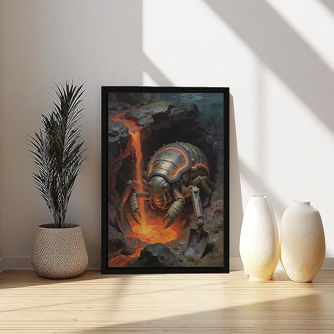 Framed Steampunk Mechanical Trilobite Wall Art - Volcanic Underwater Retro Poster for Garage Apartment Decor 24x36in