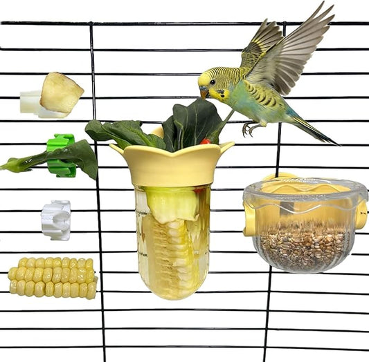 6 PCS Bird Cage Feeder for Vegetable Millet Holder Cage Accessories with Parrot Fruit Forks for Budgie Parrot Cockatiel Lovebirds (Yellow + Feeding Bowl)