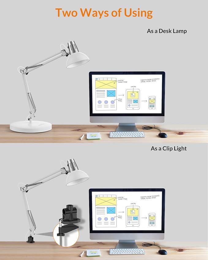 LEPOWER Metal Adjustable Desk Lamp with Clamp, Swing Arm for Home Office | Gooseneck, Architect Style, Eye-Caring Table Lamp, On/Off Switch, E26 Base, Reading for Dorm, Bedroom, Study, Back to School