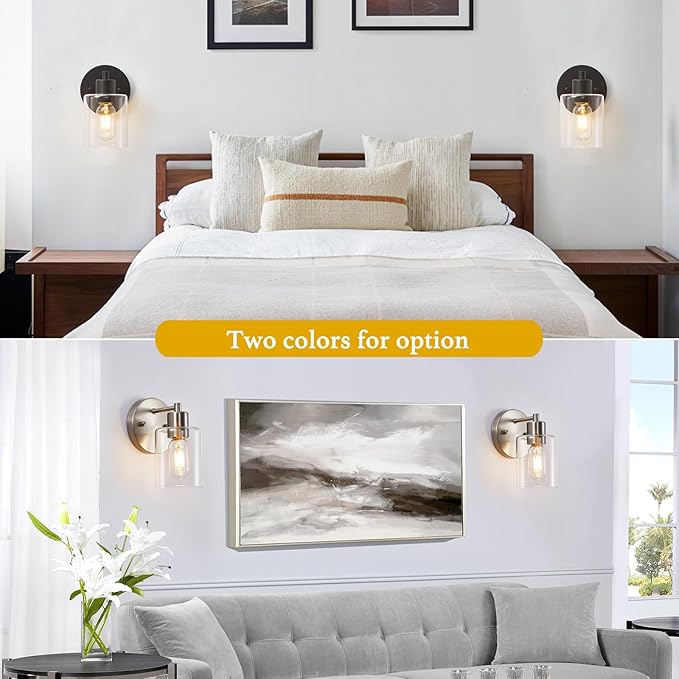Wall Sconces for Bathroom, Brushed Nickel Vanity Light Fixtures, Modern Wall Mount Lighting Lanterns, Farmhouse Wall Lamps with Clear Glass Shade for Bedroom Living Room Mirror Hallway Porch(2PACK)