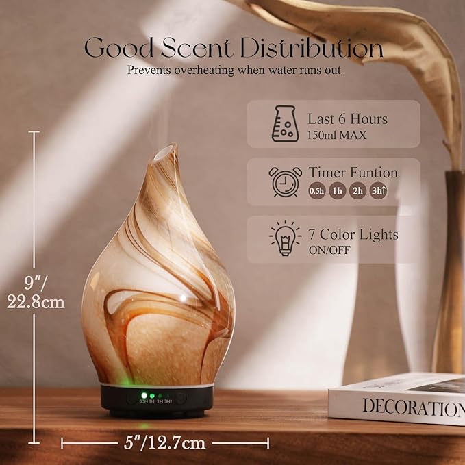 Porseme 150ml Essential Oil Diffuser Glass Color Changing Aroma Air Diffusers Aromatherapy Ultrasonic Cool Mist Humidifier 4 Running Hours Waterless Auto-Off for Sleeping Yoga Office Spa (Jupiter)
