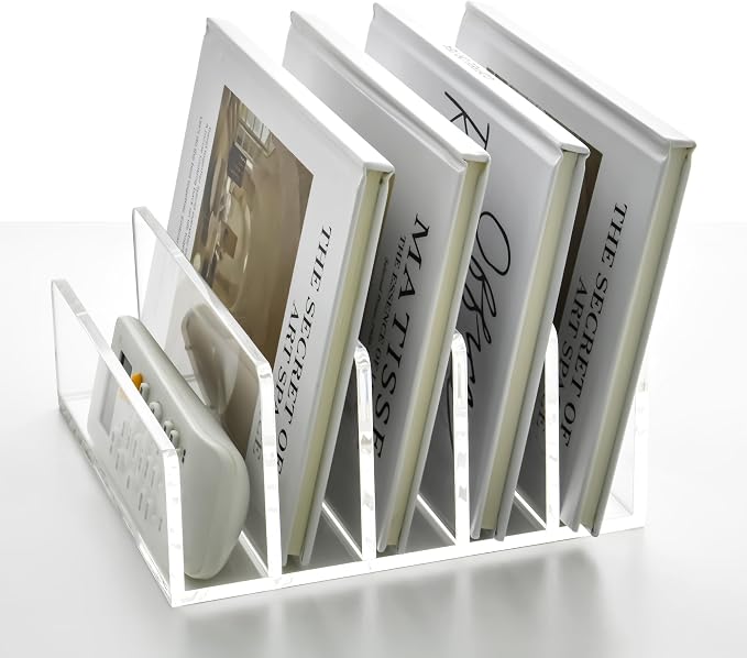 5 Compartments Clear Acrylic Mail Holder – Vertical Letter Sorter & Multifunction Desk Organizer for Bills, Documents, Notebooks – Modern Office/Home Envelope File Rack