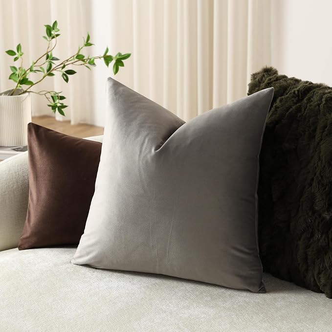 Throw Pillow Covers 18x18 Light-Grey: Pack of 2 Cozy Soft Velvet Square Modern Luxury Decorative Throw Pillow Cases for Sofa Couch Living Room Bed Home Decor