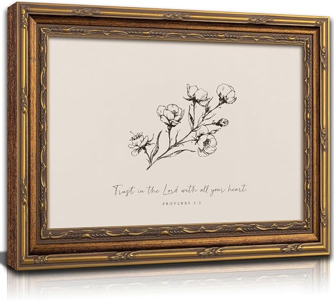 Vintage Gold Framed Floral Wall Art, Christian Bible Verse, 12 x 16 in | Sketch floral scripture canvas for living rooms, bedrooms, hallways, prayer spaces, churches, or meaningful Christian gifts.