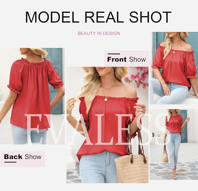 EVALESS Womens Tops Off The Shoulder Blouses for Women Dressy Casual Cute Puff Sleeve T Shirts Fashion 2026