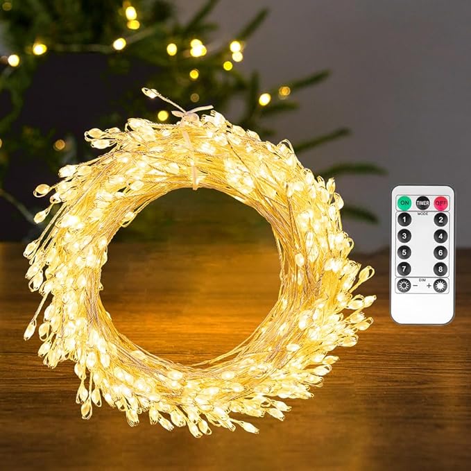 Fairy Lights Plug in, 33FT 300LED Firecracker String Lights Waterproof Silver Wire, for Bedroom/DIY/Party/Garden/Porch/Patio/Backyard/Christmas Tree, with Remote Timer & 8 Modes, Warm White