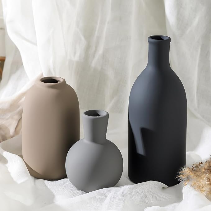 Ceramic Vase Set of 3, Rustic Farmhouse Vases Home Decor Pottery Pampas Vase Decoration Modern Neutral Flowers Vases for Room Decor, Entryway, Living Room, Table, Kitchen, Bedroom - Multicolor