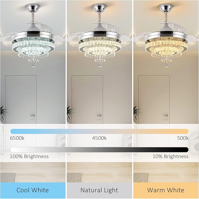 42" Dimmable Fandeliers Modern Crystal Chandeliers Ceiling Fans 6 Speeds Adjustable, with Memory and Timing Functions, APP & Remote Control Fandelier for Living Dining Room Bedroom
