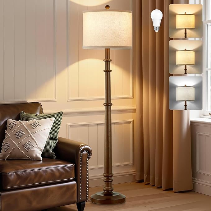 Floor Lamps for Living Room - 60" Wood Farmhouse Floor Lamp with Adjustable Color Temperatures - Vintage Standing Lamp Reading Light with Linen Shade Rustic Tall Lamp for Bedroom Office, Walnut