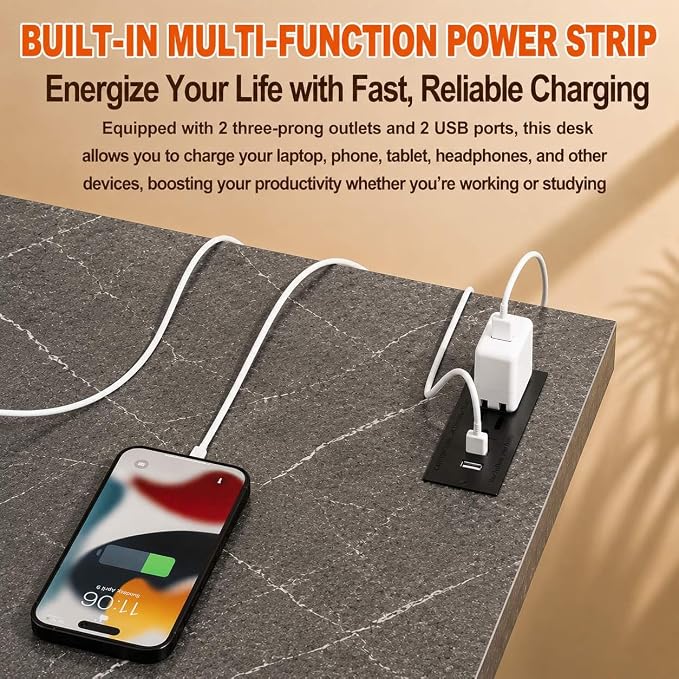 Folding Table Computer Desk - 55.1" No Assembly Folding Desk with Power Outlets & USB Charging Port, Small Desk, Foldable Office Desk, Compact Storage Portable Use for Small Space, Marble Greige
