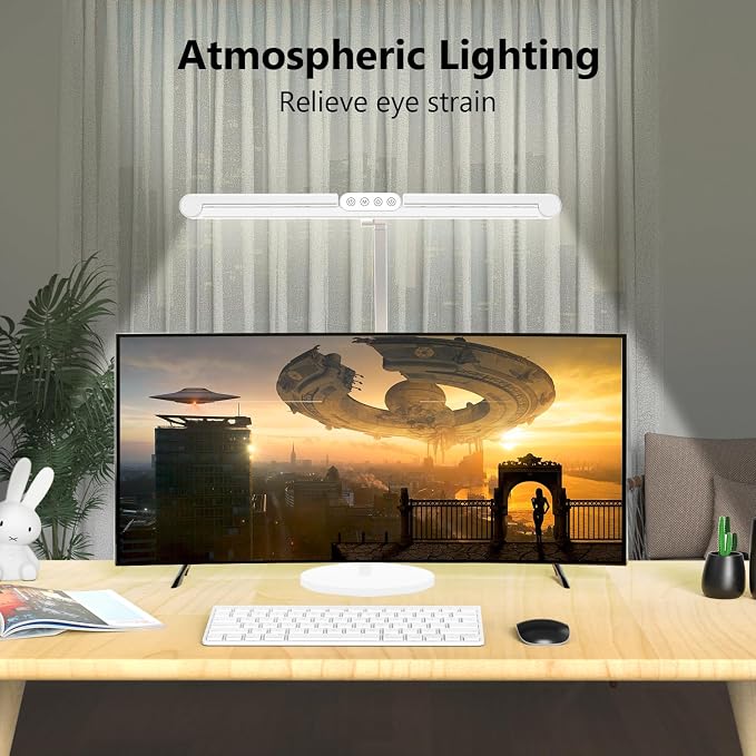 Micomlan Led Desk Lamp with Atmosphere Lighting, Rotatable Tall Architect Desk Lamp for Home Office with Swing Arm, 24W Bright Auto Dimming Adjustable Computer Light with Base for Table