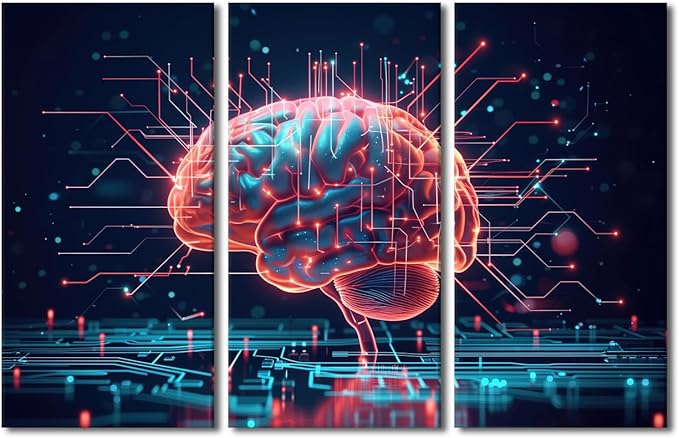 Framed Wall Art 3 Panel GPU, Crypto, AI, Firewall Network Security Pictures Print on Canvas for Bedroom Living Room Decorations, Artificial Intelligence Posters and Prints, 42" Wx28 H