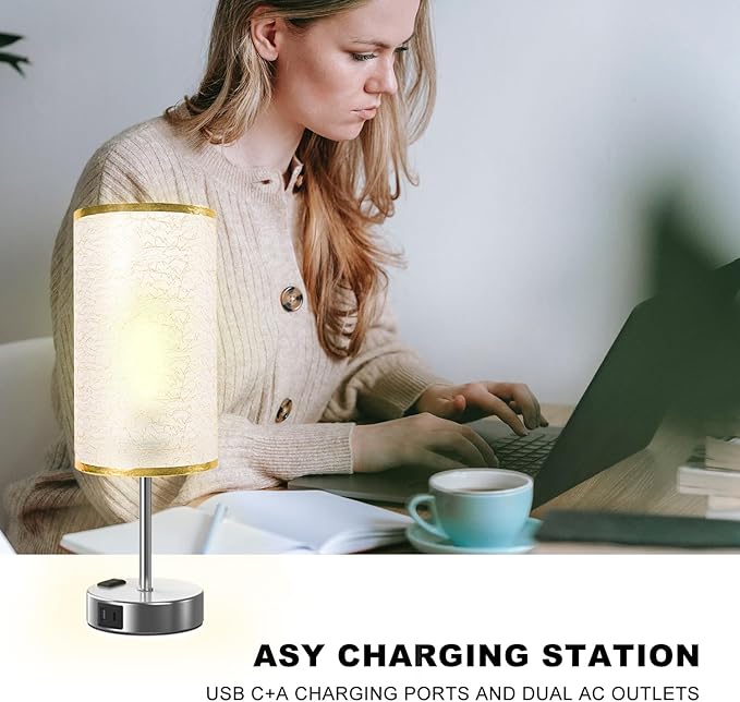 Table Lamp for Bedroom with Touch Control,Bedside Lamp with USB C+A Charging Ports& AC Outlets, Adjustable 3color LED Light for Home Decor/Nightstand/Bedroom/Office,Included Bulb and Fabric Lamp Shade