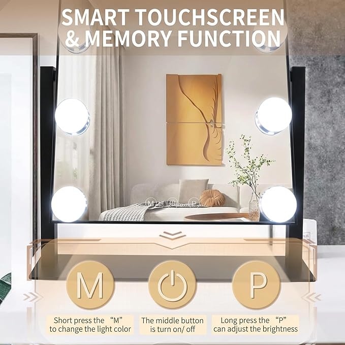 Makeup Vanity Mirror with Lights 13.77"x 11.81" LED Makeup Mirror Detachable 10X Magnification, Hollywood Make Up Mirror with Lighting, Smart Touch, Rechargeable,360° Rotation, (Black)