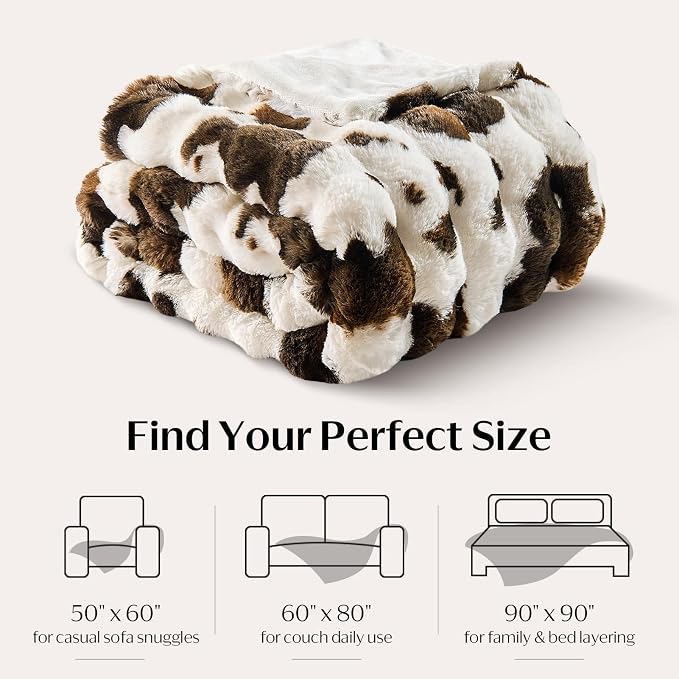 DOWNCOOL Large Faux Rabbit Fur Throw Blanket, Soft Fluffy Fuzzy Plush Bubble Blanket for Couch Sofa & Bed, Cozy Warm Luxury Fleece Minky Blanket, 90x90 Inches Cow Print-Brown