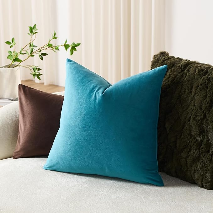 Euro Sham Covers 24x24 Turquoise: Pack of 2 Cozy Soft Velvet Square Modern Luxury Decorative Throw Pillow Cases for Sofa Couch Living Room Bed Home Decor
