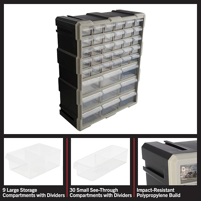 Stalwart 39-Drawer Plastic Small Parts Organizer - Desktop or Wall Storage Drawers for Organizing Hardware, Crafts, Garage, or Classroom (Black)