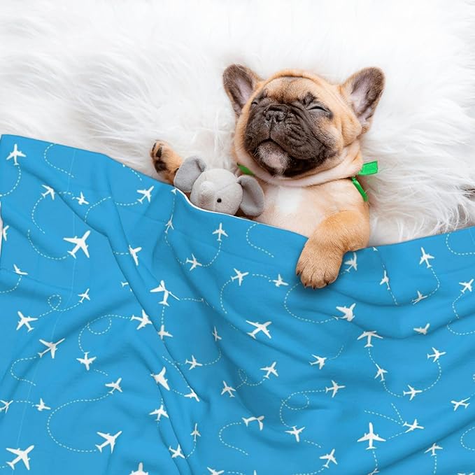 Reversible Dog Blanket for Beds Couches, Aircraft Airplane Pattern Navy Blue, Double Sided Cat Blanket with Textured Dot Feel and Smooth Feel for Seasonal Comfort All Year