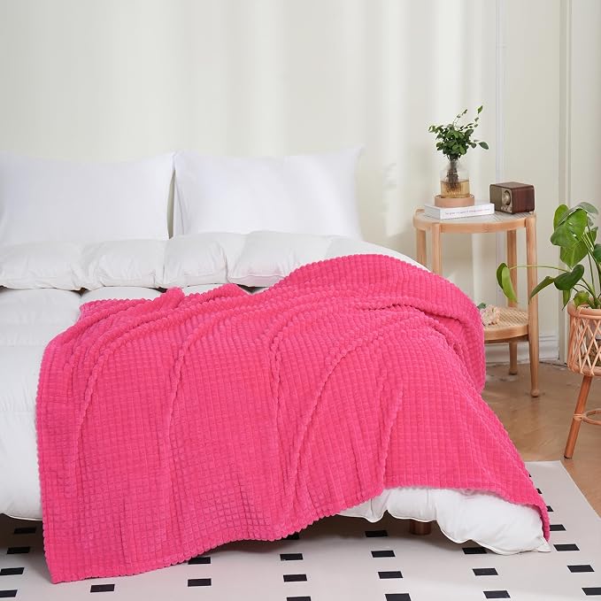 Puncuntex Fleece Throw Blanket Hot Pink 108"×90" with Square Grid Design | Super Soft Plush Cozy Flannel Throw Blanket Luxury for Couch Sofa Chair