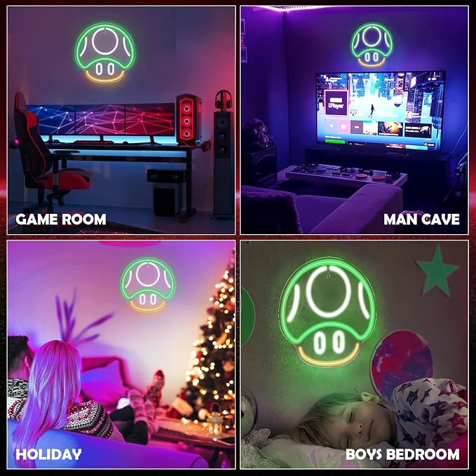 Kavaas Gaming Neon Sign, Mushroom Neon Sign for Game Room Decor, Man Cave, Kids Room - Gaming Mushroom Wall Decor - Gamer Gifts for Boys, Kids (Green)