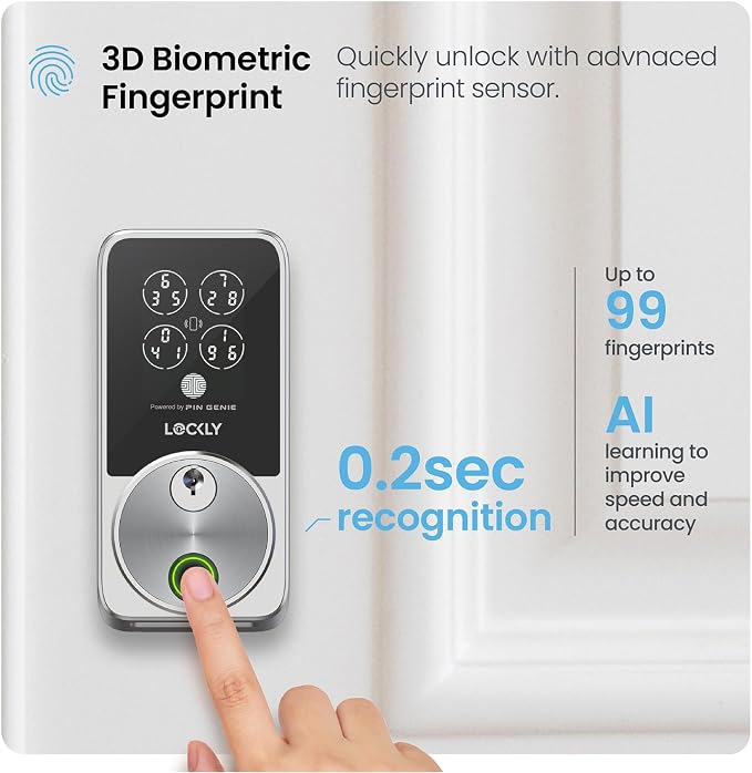 Lockly Secure Pro Smart Door Lock,Fingerprint Keyless Entry Door Lock,Apple Home Key Compatible,Auto Lock, App Remote Control,IP65 Waterproof,Easy Installation