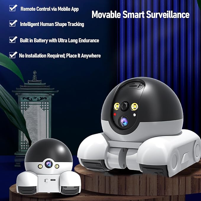 PUSOKEI 1080P Indoor Security Camera, Movable WiFi Pet Camera with Dual Lens, 2 Way Talk, Motion Detection, Night Vision, APP Remote Control, Wire Less Robot Cam for Cat Dog Family