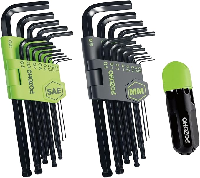 27-Piece Allen Wrench Set, Ball End Hex Key Set with Torque Handle, Metric and Standard Sizes, Long Arm, Chrome Vanadium Steel, Anti-Rust for Motorcycle, Bike, Car & DIY, PTM01027