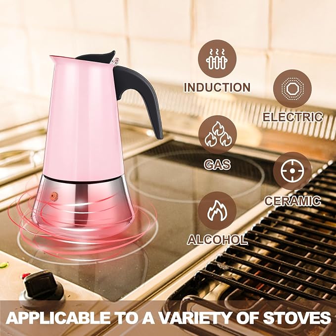 6 Cup Stovetop Espresso Maker Stainless Steel Moka Pot Stove Top Percolator Italian Coffee Makers Capable Mocha Greca Machine Cafe Classic Induction Cookers for Home and Camping 300ml 10oz