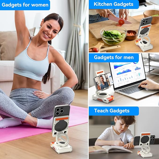 ANCwear Bluetooth Speaker Phone Stand for Desk, Portable Wireless Speaker with Adjustable Cell Phone Holder, Bluetooth 5.4 Audio Stand with TF Card Slot for Kitchen Bedside, Cool Tech Gift (Withe)