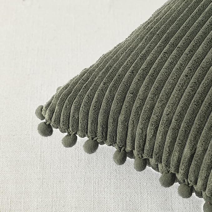 Fancy Homi 2 Pack Olive Green Small Decorative Throw Pillow Covers 14x14 Inch with Pom-poms for Couch Bedroom, Soft Corduroy Solid Rectangle Cushion Case 35x35 cm, Farmhouse Boho Home Décor