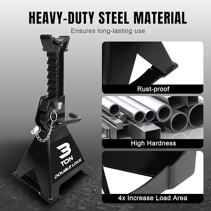 Torin 3 Ton Steel Heavy Duty Jack Stands, Double Locking Pins Car Lift Jack, Black, 2 Pack