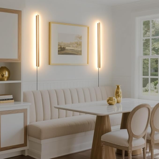 Modern Plug in Wall Lights, 31.4 inch Frosted Gold LED Long Wall Sconce, 16W Warm White 3000K Acrylic Indoor Wall lamp,with 59" Plug Cable for Bedroom, Living Room, Hallway