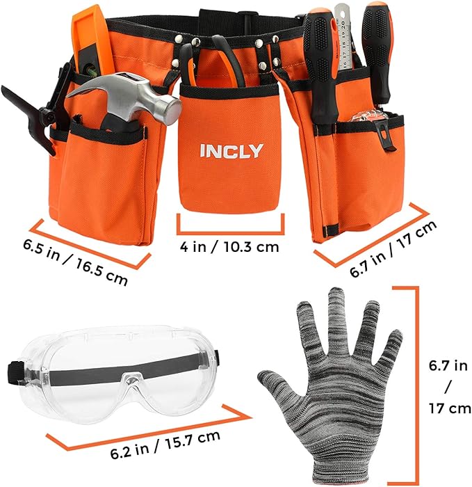 INCLY 18PCS Kids Tool Set with Reinforced Belt, Adjustable Waist 20"-32", Boys Real Hand Tools Kit Children Construction Learning Tools Hammer Screwdriver for Home DIY Building & Woodworking