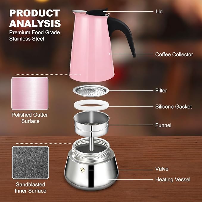 2 Cup Stovetop Espresso Maker Stainless Steel Moka Pot Stove Top Percolator Italian Coffee Makers Capable Mocha Greca Machine Cafe Classic Induction Cookers for Home and Camping 100ml 3.3oz