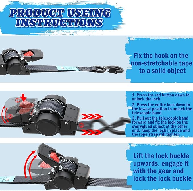 ANLULOAD Retractable Ratchet Strap(1 in x 11.48 ft),Retractable Tie Down Strap for Motorcycles, Boats,Atvs,Utvs.W.L.L:700 Lbs/B.S:2,100 Lbs-4Packs