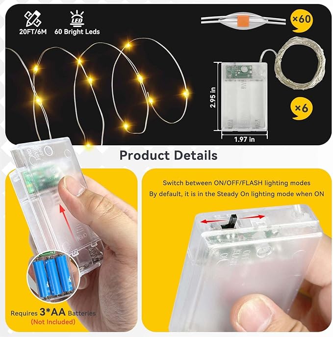LitHome 6 Pack Warm White Fairy Lights Battery Operated, 20 FT 60 LED Twinkle Lights Battery Operated 2 Modes, Waterproof Led Fairy String Light for Indoor Outdoor Christmas Wedding Bedroom Decor