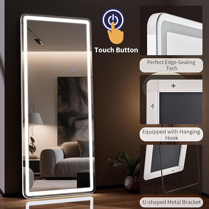 71"x26" LED Full Length Mirror – Standing Floor Mirror with Dimmable Lights 3 Color Modes – Adjustable Brightness, Wall-Mount or Lean for Barber, Fitness Center, Dressing Room, Vanity