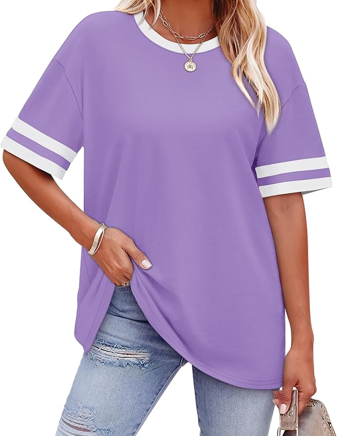 WIHOLL Womens T Shirts Loose Fit Short Sleeve Tees Crew Neck Color Block Summer Tops 2026 Fashion