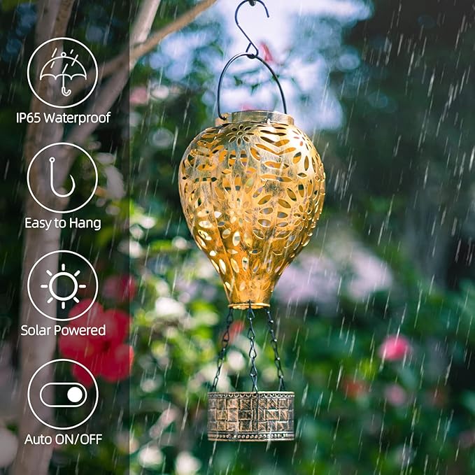Hot Air Balloon Solar Lantern,Hanging Lantern Outdoor Waterproof Decorative Metal LED Solar Lights for Trees Patio Garden Yard Porch Decor, Gold