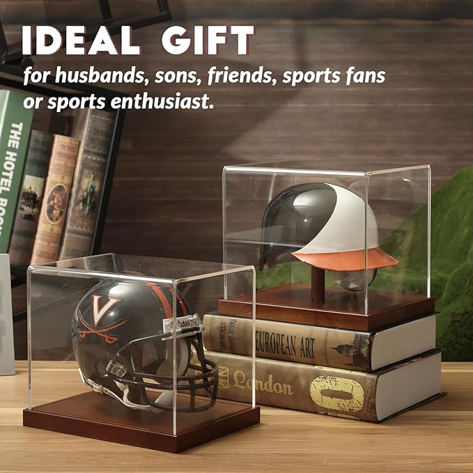 JupDec Mini Helmet Display Case, Acrylic Clear 1/2 Football Baseball Helmet Showcase, UV Protection Souvenirs and Collectibles Box with Solid Wood Base & Riser, Ideal Gift for Sports Enthusiast