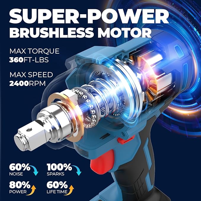 Dong Cheng 20V Brushless Impact Wrench, Max Torque 360 ft-lbs (488N.m), 1/2" with 3 Mode Speed, 2400 RPM Cordless Impact Gun, Includes 2 * 4.0Ah Battery and Charger, 4 Impact Sockets and Kit Bag