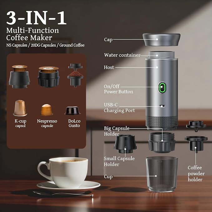 Portable Coffee Maker Espresso Machine, Travel Espresso Maker, Cafetera Portatil Expreso with Small Tea Cup, Compatible with Ground Coffee & NS Capsule for RV,Car, Hiking, Camping Office